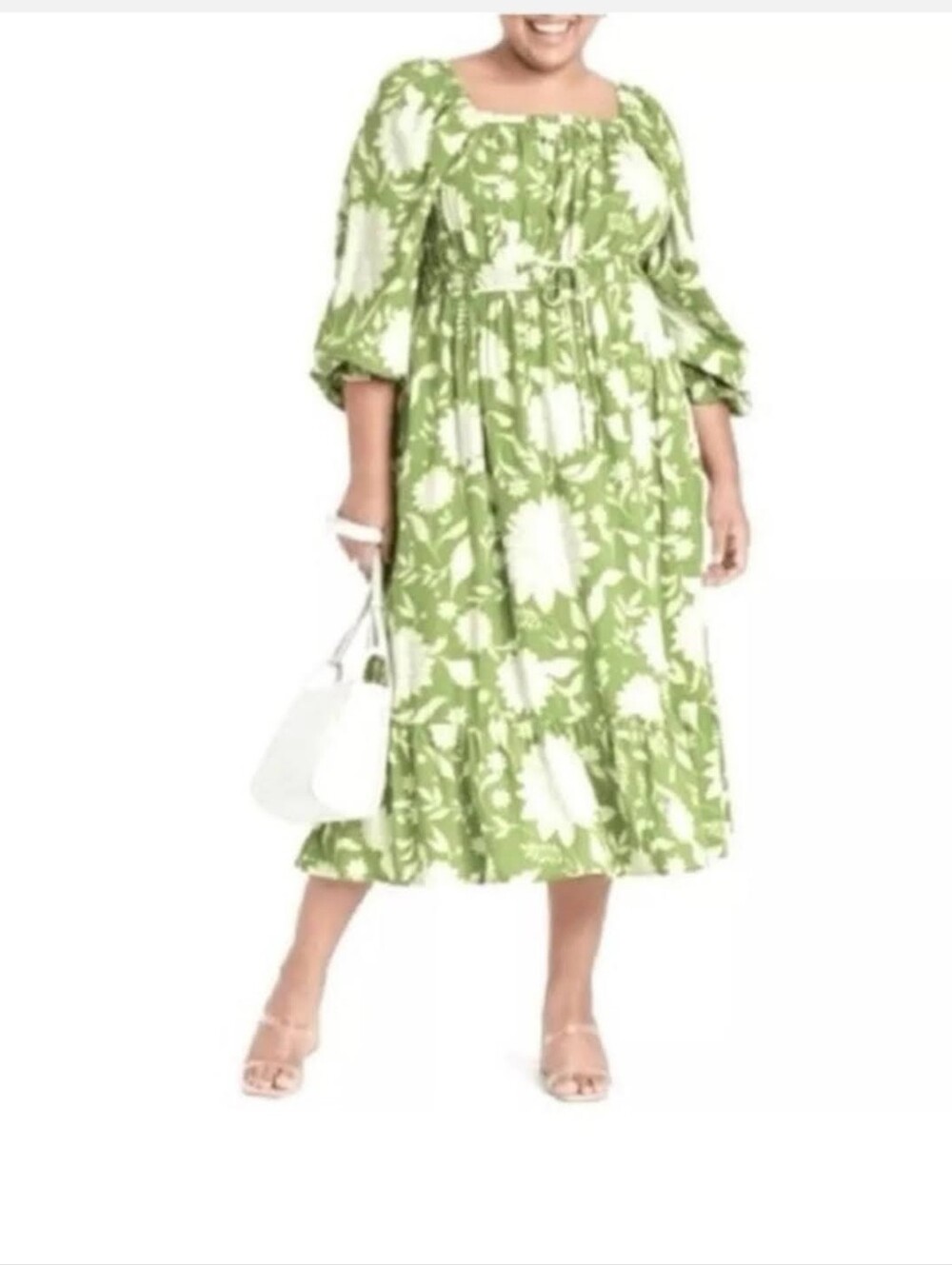 Ava & Viv plus size green floral maxi dress with long bishop sleeves, tie waist